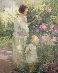 Plukker blomster (olie på lærred)