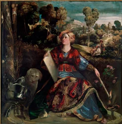 Troldkvinden Kirke. Heksen er afbildet på sin ø med frodig vegetation, ledsaget af en hund, og en rustning ligger på jorden. Maleri af Giovanni Luteri kaldet Dosso Dossi (ca. 1489-1542), ca. 1530. 176 x 174 cm. Rom, Galleria Borghese.