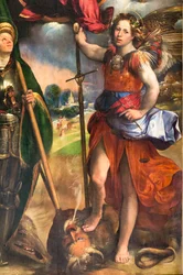 Madonna med spædbarnet Jesus og St. George og St. Michael Ærkeengel, detalje fra 2384617, ca. 1518 (olie på panel)