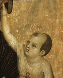 Crevole Madonna: Detail of the Child - tempera og guld på panel