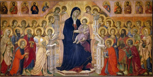 Maesta Madonna har barnet på tronen æret af helgener og engle. Central panel. Fresco af Duccio di Buoninsegna (1255-1319)