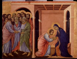 Maria tager afsked med Johannes, på ydersiden giver apostlene Peter og Paulus hånd. Detalje af Maesta (tempera og guld på træ