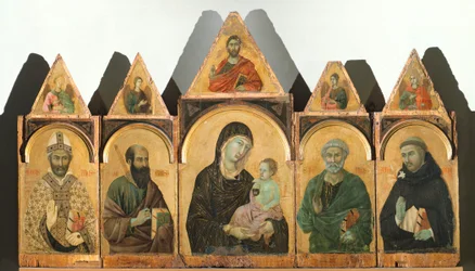 Den hellige jomfru med Kristusbarnet og de hellige Augustin, Paul, Peter og Domenico (eller Polyptykon nr. 28), ca. 1305, af Duccio di Buoninsegna (ca. 1255 - før 1319), tempera og guld på træ