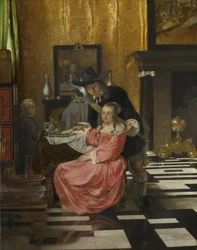 Et interiør, med en kvinde, der nægter et glas vin, ca. 1660