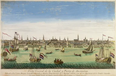 En oversigt over Amsterdams havn og by, stik af D.G. Hucquier, 16. århundrede