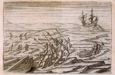 Indsamling af drivtømmer til hytten, hvori ekspeditionen overvintrede, illustration fra Diarium Nauticum, seu vera descriptio trium navigationum admirandarum... af Gerrit de Veer, 1598