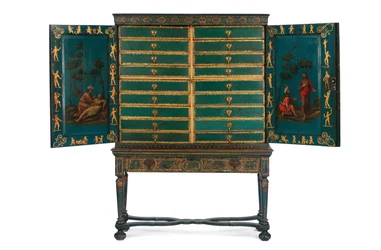 Samlerskab på stativ, ca. 1700-30 (forgyldt & grøn Japanning) (se også 780666-8)