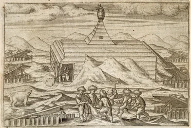 Besætning, der dræber og flåer bjørne, uden for kabinen, hvori ekspeditionen overvintrede, illustration fra 