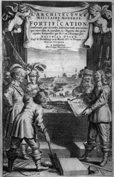 Frontispice til LArchitecture Militaire Moderne, ou Befæstning af Matthias Dogen, indgraveret af Theodor Matham (ca. 1606-76), pub. af Chez Louis Elzevier, Amsterdam, 1648
