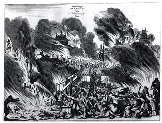 Stor brand i Yedo (Tokyo) i det 17. århundrede, illustration fra Arnold Montanus