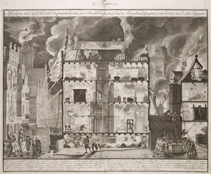 Illustration, der viser, hvordan nye lange brandslanger kunne nå alle dele af en bygning, fra en bog om Brandbekæmpelse i Holland, udgivet ca. 1700