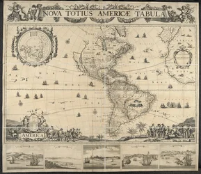 Kort over Amerika, Nova totius Americae Table, [med udsigt over] Panama, Caput S. Augustini, New Amsterdam, S. Frelser, Navn D. Gud. Tegnet af J. Mathysz