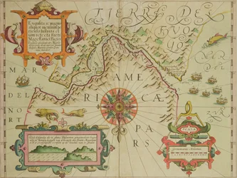 Kort over Magellanstrædet, Patagonien, fra Mercator-atlasset udgivet af Jodocus Hondius (1563-1612), Amsterdam, 1606