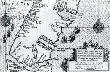 Kort over Magellan-strædet, plade fra Oliver van Noorts beskrivelse af hans rejse, 1602