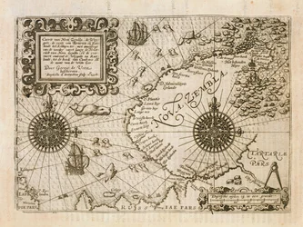 Kort over den nyopdagede Nova Zembla, illustration fra Diarium Nauticum eller den sande beskrivelse af tre beundringsværdige rejser...