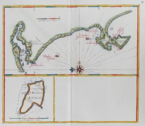 Kort, der viser Dassen Island, en sydafrikansk ø, og kysten modsat.