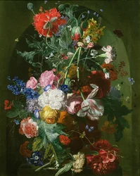 Stilleben af blomster i en terrakottavase i en niche