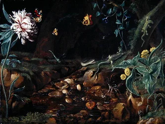 Stream i en dell med blomster og krybdyr (olie på lærred)