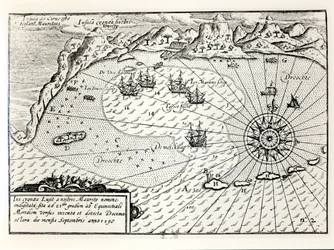 Viceadmiral Wybrandt Van Warwijcks-flotillens ankomst til Mauritius sydøstlige havn i september 1598