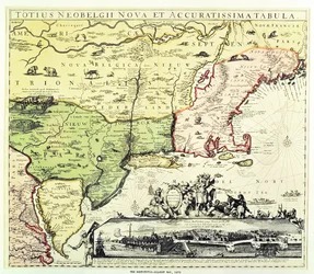 Restitutio-Allardt-kortet over New Amsterdam, indgraveret og pub. af Carolus Allardt, 1673 (kobberstik)