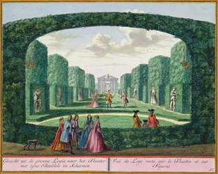 Udsigt fra den grønne loggia til teatret, fra Het Zeganplant Kennemerlant, af Hendrick de Leth og Matthias Brouerius Van Nidek, udgivet ca. 1700-1730