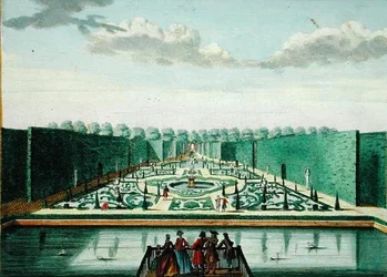 Udsigt over amfiteatret bag huset i Assumburg, fra "Het Zeganplant Kennemerlant", af Hendrick de Leth og Matthias Brouerius Van Nidek, udgivet ca. 1700-1730 (farvestik)