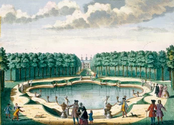 Udsigt over dammen mod bagsiden af huset, Beckenstein, fra Het Zeganpralent Kennemerlant af Hendrick de Leth og Matthias Brouerius Van Nidek, udgivet ca. 1700-1730