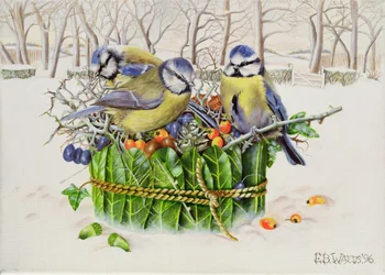 Blue Tits in Leaf Nest, 1996 (akryl på lærred)