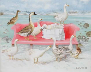 Gæs på lyserød sofa, 2000 (akryl på lærred)