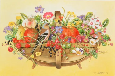 Trug med frugt, blomster og bogfinker, 1991 (akryl)