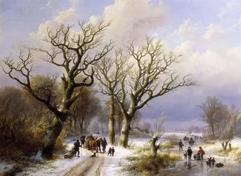 Et skovklædt vinterlandskab med figurer, 1863