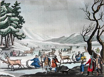 Tungus forlader deres vinterlejr på slæder trukket af rensdyr, ca. 1820 (farvegravering)