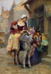 Det lille æsel. En kvinde, der rider på en amazone på et æsel, med fødderne i en passende rille. Maleri af E. Dameron (1700-tallet) Privat samling