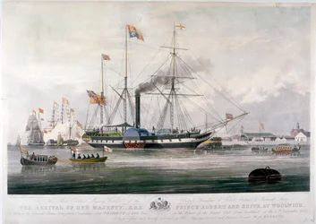 Dronning Victoria og Prins Albert ankommer til Royal Dockyard, Woolwich, Kent, 1843