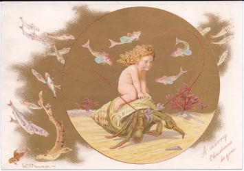 Et victoriansk julekort af en eremitkrabbe i en skal, der bliver redet af en vandmasse omgivet af en stime af fisk, af Gertrude Thompson, ca. 1895 (farve litho)