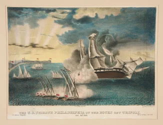 Den amerikanske fregat Philadelphia på klipperne ud for Tripoli (Fra U.S. Military Magazine Army and Navy, bind II)