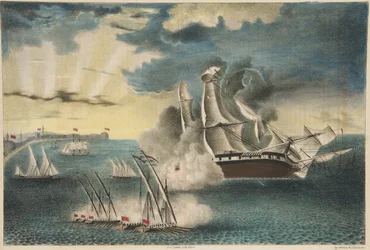 Den amerikanske fregat Philadelphia på klipperne ud for Tripoli fra Army and Navy Magazine, pub. 1840 (farvelitografi)