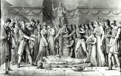 Jean Paul Marats begravelse (1743-93) i kapellet i Club des Cordeliers, 16. juli 1793, ca. 1793 (pen og blæk på papir) (bw foto)