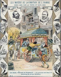 Mordet på Henrik IV begået af François Ravaillac i Rue de la Ferronnerie den 14. maj 1610 - fra et beskyttelsesomslag til skolebøger, sent 19. århundrede - Henrik IV