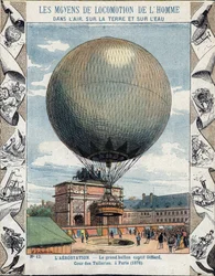 Drift af oppustning og udstyr af Henry Giffards ballon i fangenskab til Tuilerierne i Paris 1878 - Fra et beskyttende hylster til skolebøger, slutningen af det 19. århundrede - illustration af E Letellier - udstilling universelle de 1878 i Paris: inflation