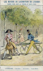 Velocipedes - Engelsk celerifere - Draisienne, cyklens forfader - Fra et beskyttende hylster til skolebøger, slutningen af det 19. århundrede - illustration af E Letellier - Celerifere - Draisienne - Hobby-Horse (Nobby Horse) - Beskyt notesbog historie, fi