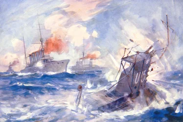 The Sinking of the German Submarine U15 af HMS Birmingham (farve litho)