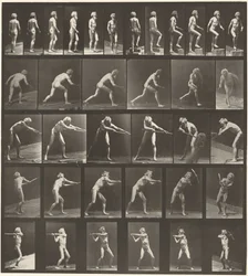 Nummerplade 521. A: Gående. B: Stigende trin. C: Kaster med disk. D: Bruger skovl. E, F. Bruger hakke,1887 (foto)