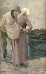Husmoderen ser på fiskernes fangst, ca. 1900