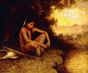 Young Hunter by a Stream (olie på lærred)