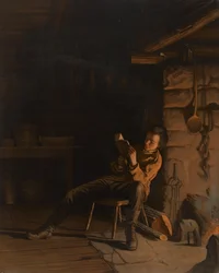 Lincolns drengetid. (An Evening in the Log Hut.), 1868 (kromolitografi på papir om bord)