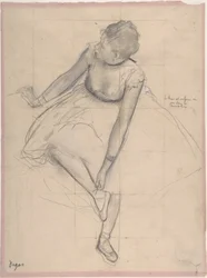 Dancer Adjusting Her Slipper, 1873 (grafit forhøjet med sort og hvid kridt på pink vævet papir)