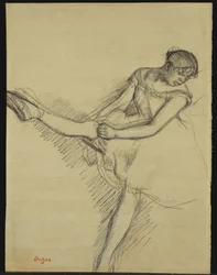 Danserinde, der genjusterer sin strømpe, ca. 1880
