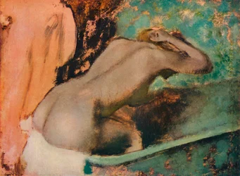 Siddende kvinde på kanten af et badekar, der tørrer sin hals, ca. 1880, 1936