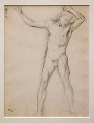 Nøgent ansigt, arme løftet, ca. 1859-1861. Grafit på velinpapir.